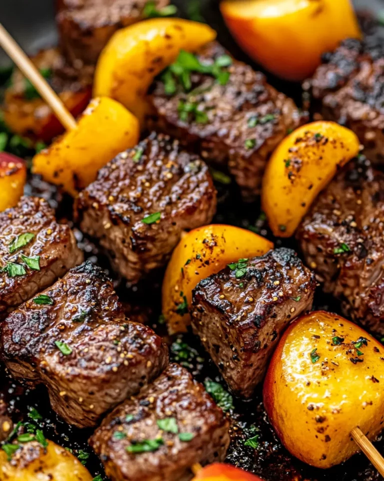 Homemade Balsamic Peach Steak Kebabs recipe photo