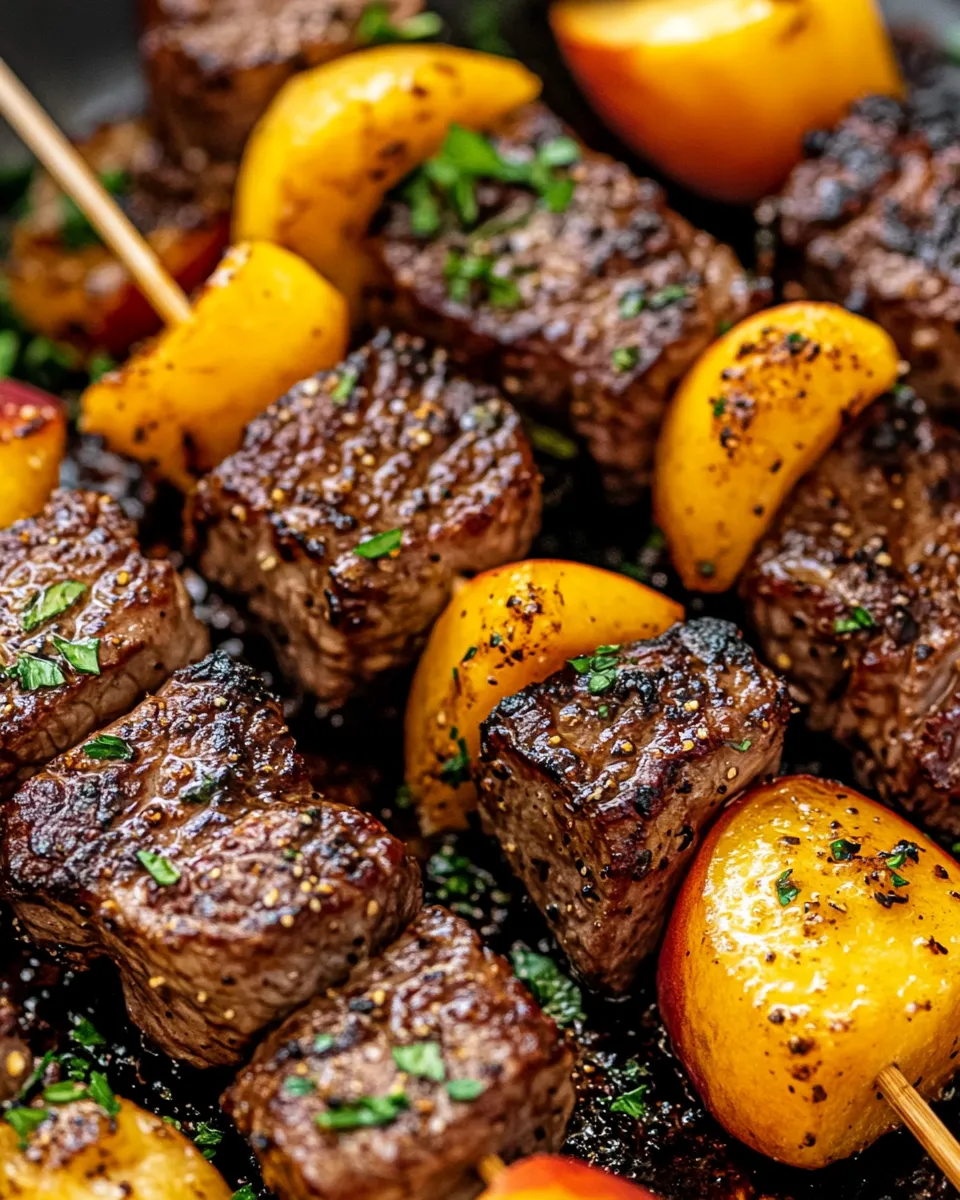 Homemade Balsamic Peach Steak Kebabs recipe photo