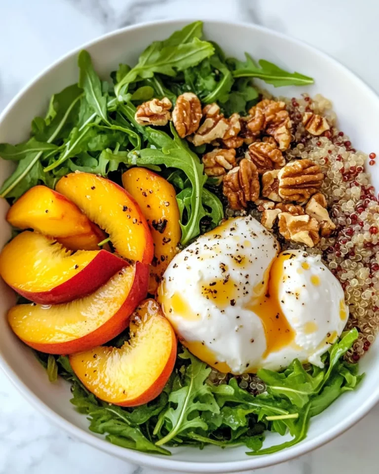 Homemade Peach Burrata Grain Bowls (Arugula) recipe photo
