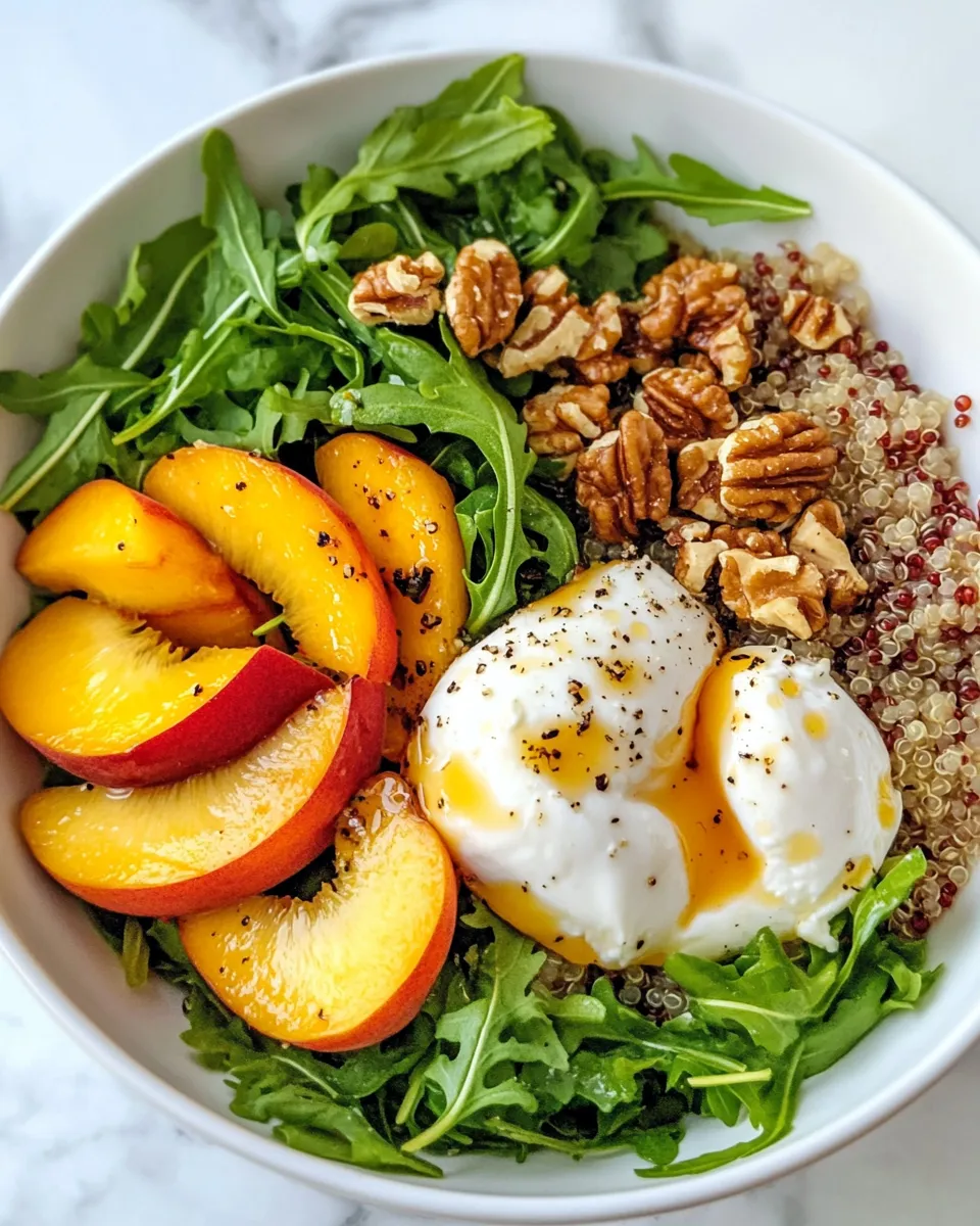 Homemade Peach Burrata Grain Bowls (Arugula) recipe photo