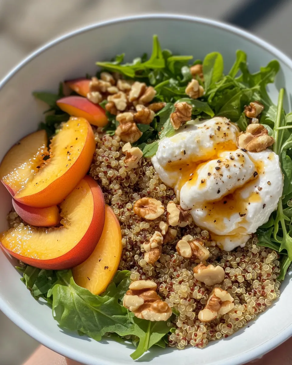 Easy Peach Burrata Grain Bowls (Arugula) food shot