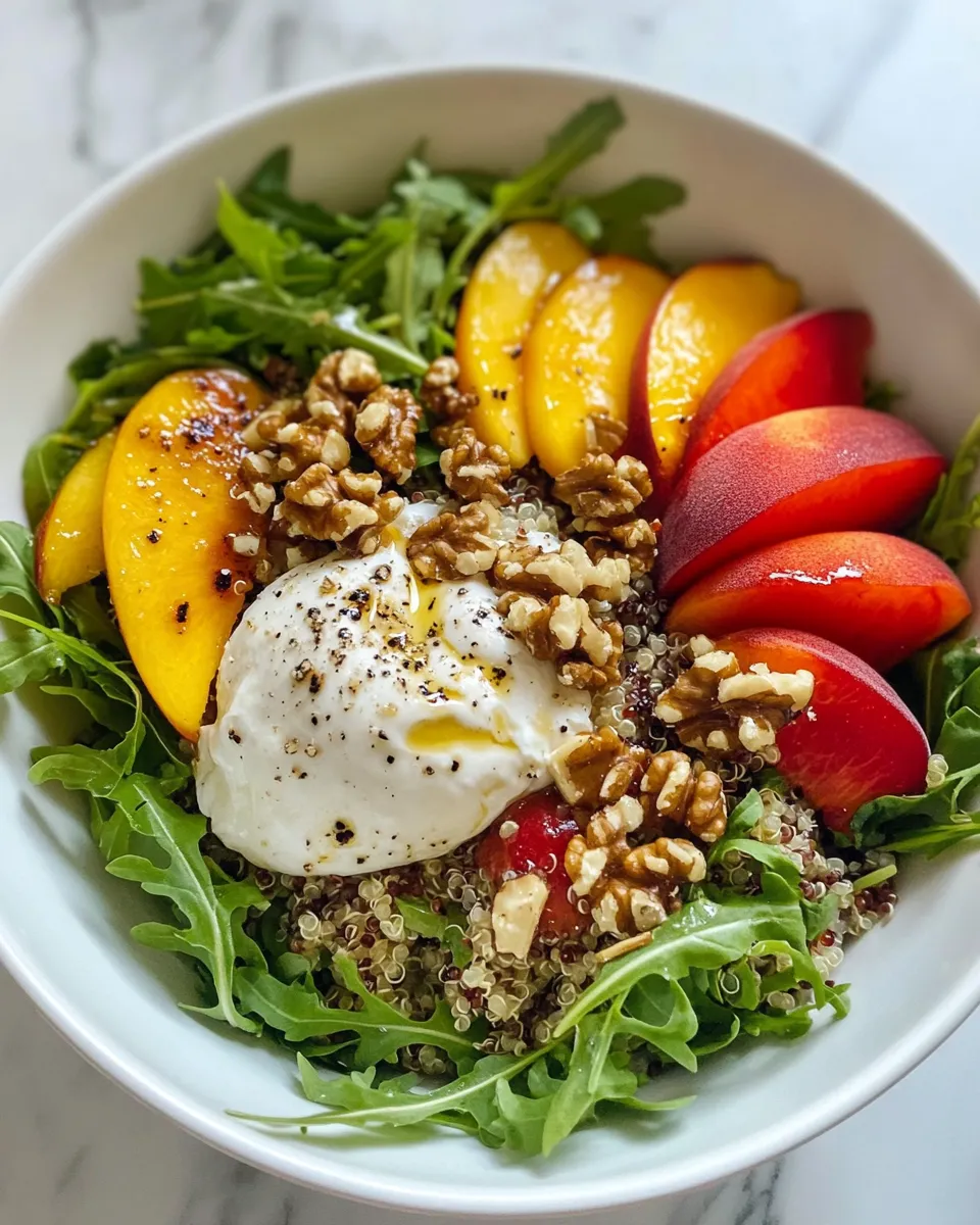 Delicious Peach Burrata Grain Bowls (Arugula) picture