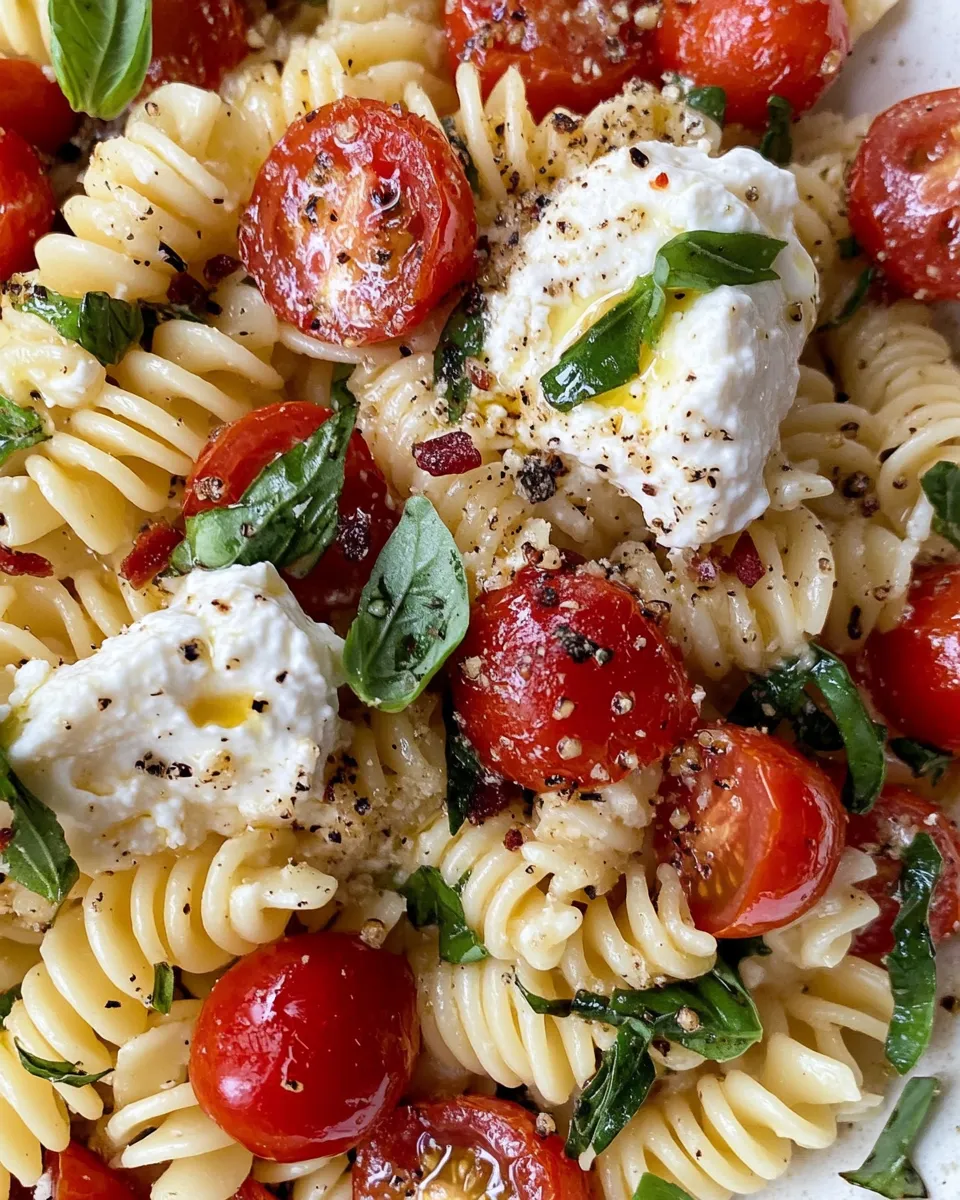 Delicious Blistered Tomato Burrata Pasta Salad shot