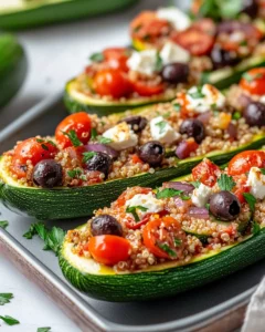 Homemade Greek-Style Stuffed Zucchini Boats (Feta, Olives) dish photo