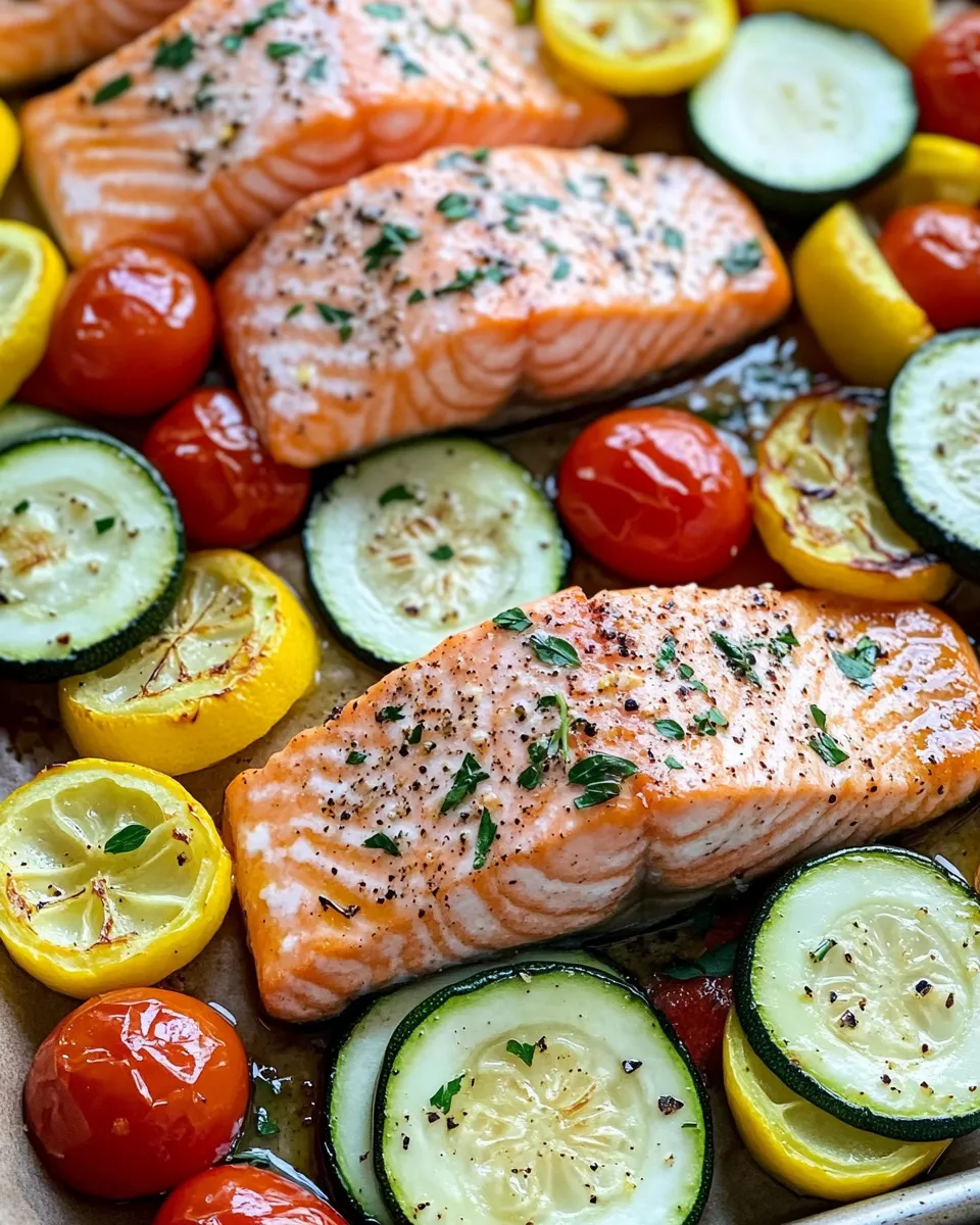 Easy Lemon-Herb Zucchini Sheet-Pan Salmon food shot