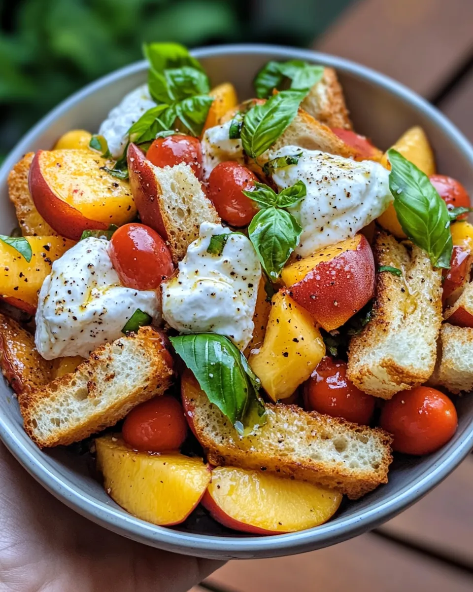 Easy Peach Burrata Panzanella (Grilled) food shot