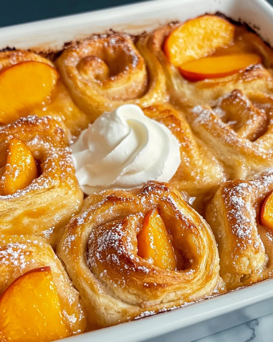 Easy Peach Cobbler Cinnamon-Roll Bake dish photo