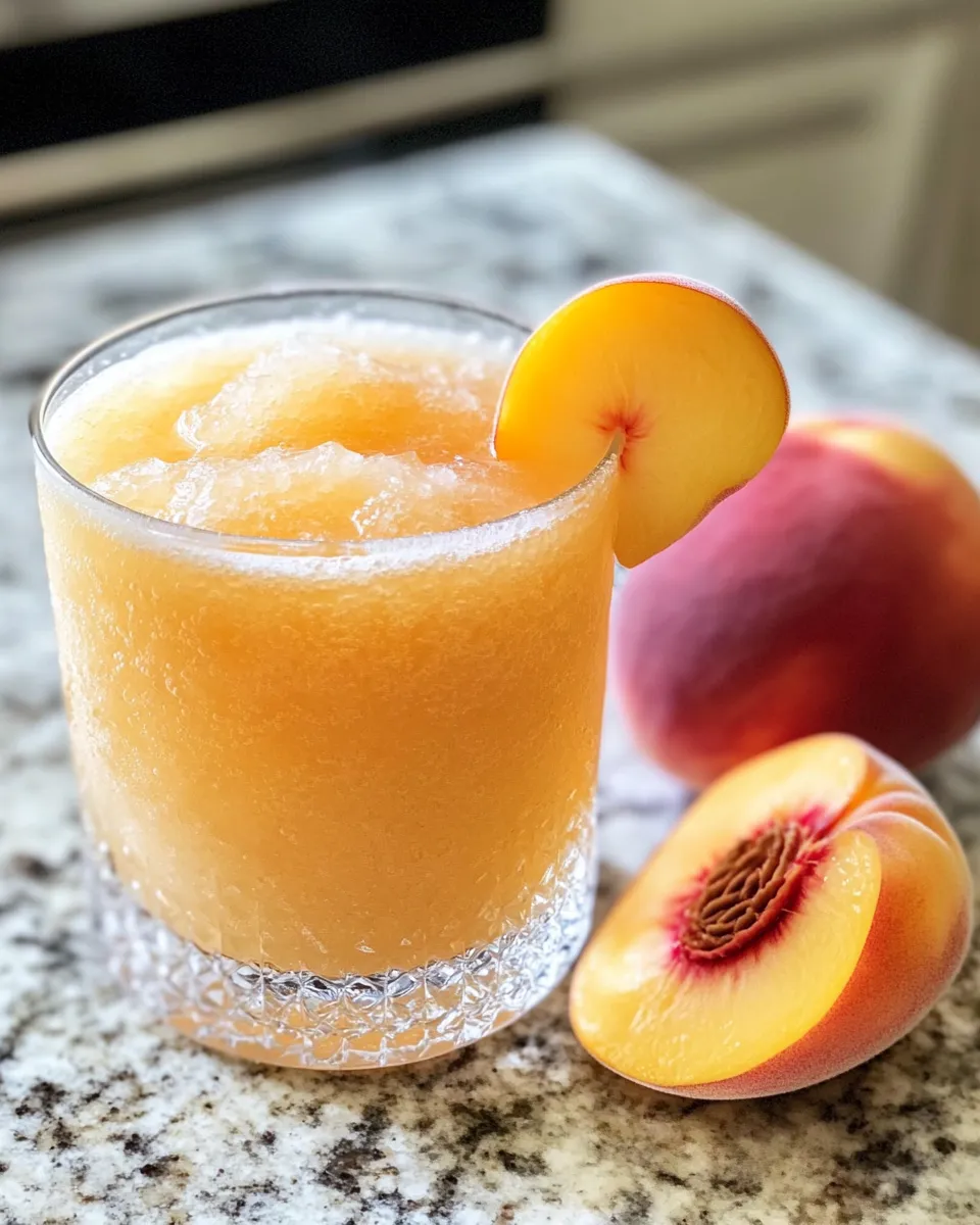 Tasty Sparkling Frozen Peach Bellini Mocktail food shot