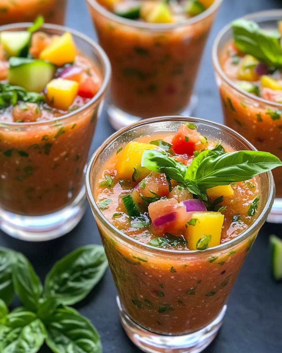 Delicious Tomato-Peach Gazpacho Shooter Cups dish photo