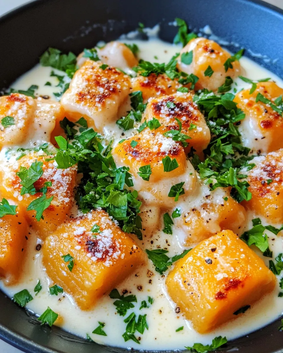 Delicious Sweet Potato Gnocchi with Garlic Cream food shot
