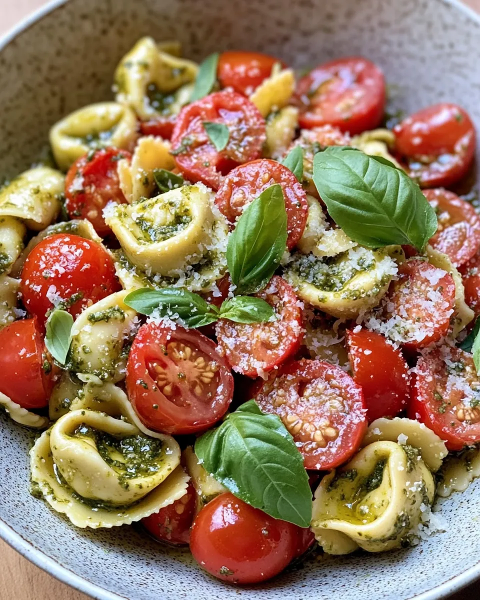 Easy 15-Minute Pesto Tortellini with Burst Tomatoes food shot