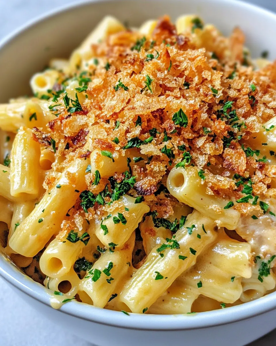 Easy BBQ Chicken Mac with Crispy Onion Topping dish photo