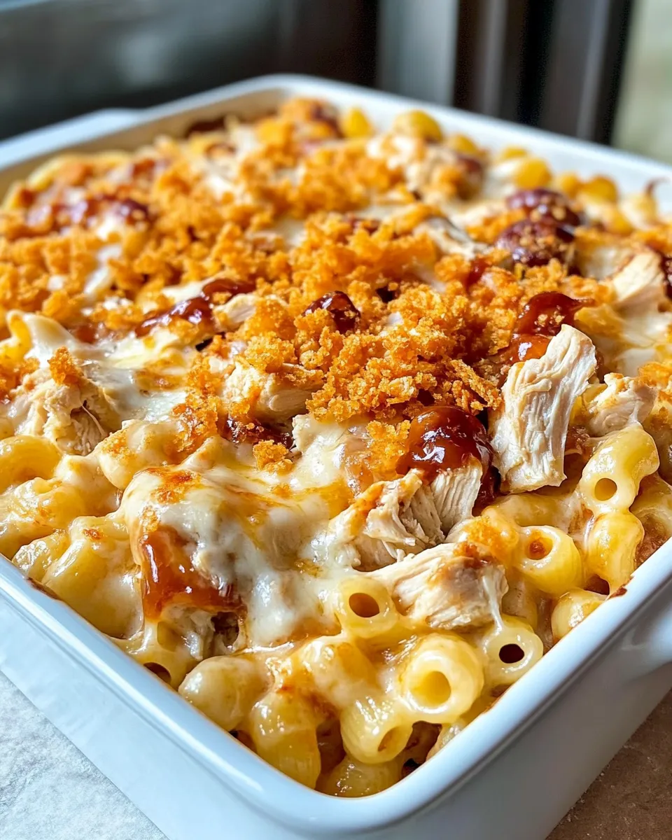 Delicious BBQ Chicken Mac with Crispy Onion Topping food shot