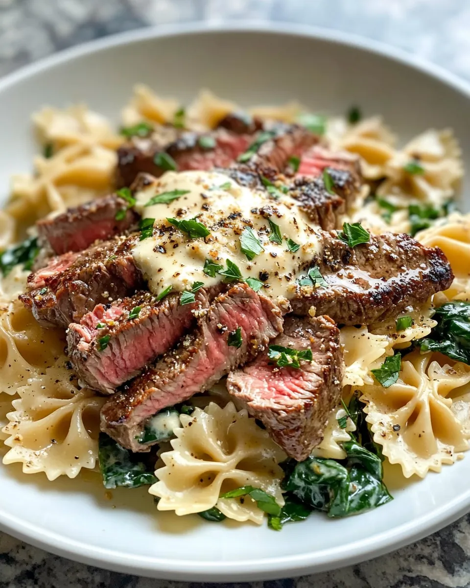 Easy Balsamic Glaze Steak Alfredo Bowties food shot