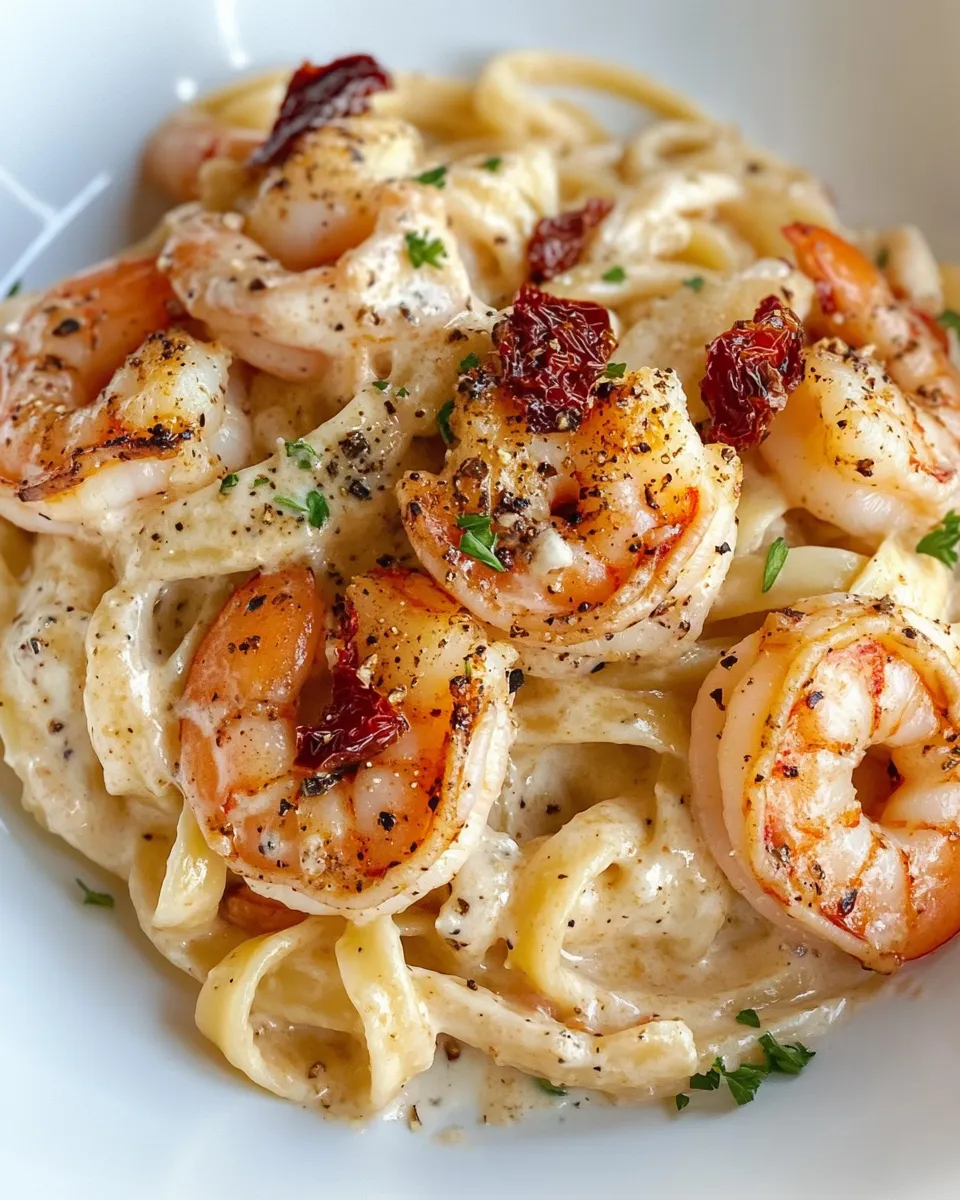 Classic Blackened Shrimp Alfredo with Sun-Dried Tomatoes dish photo