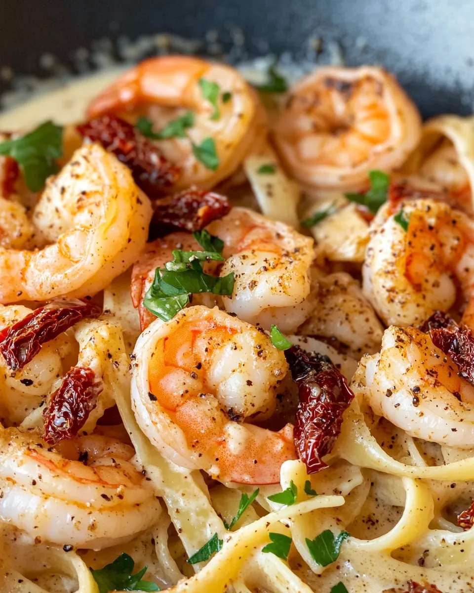 Easy Blackened Shrimp Alfredo with Sun-Dried Tomatoes food shot