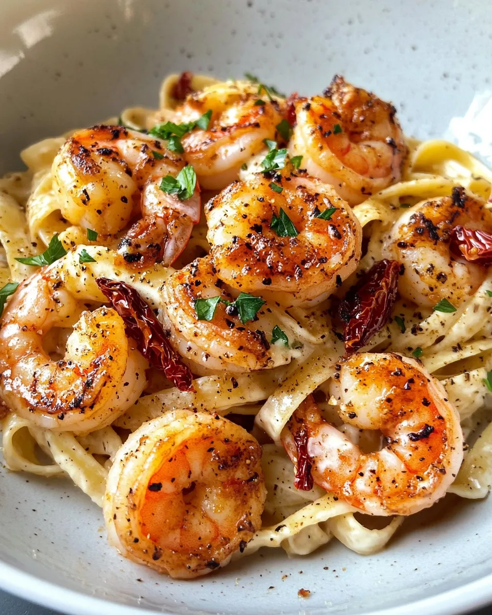 Delicious Blackened Shrimp Alfredo with Sun-Dried Tomatoes plate image