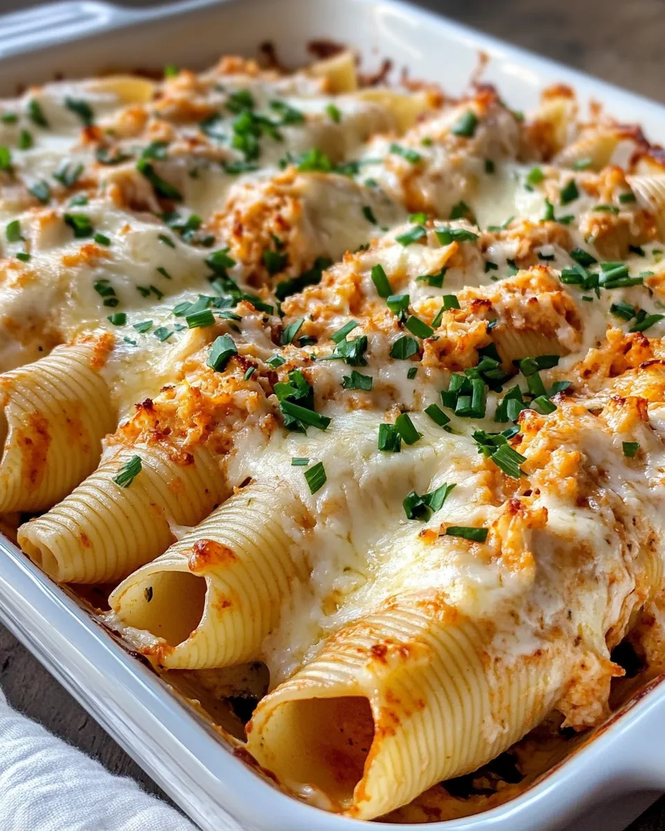 Easy Buffalo Chicken Stuffed Shells Alfredo food shot