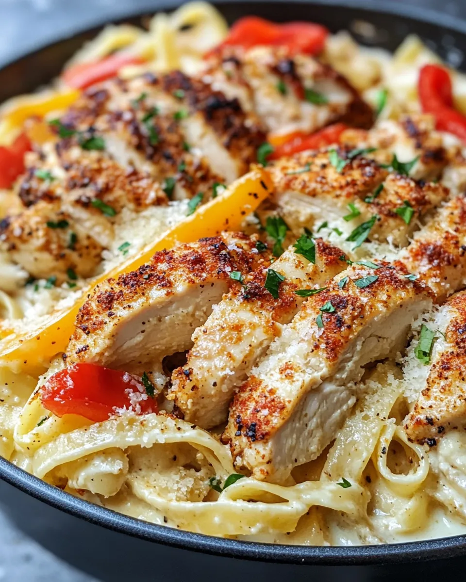 Easy Cajun Chicken Alfredo Bake with Roasted Peppers food shot