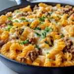 Homemade Cheeseburger Mac and Cheese Skillet food shot