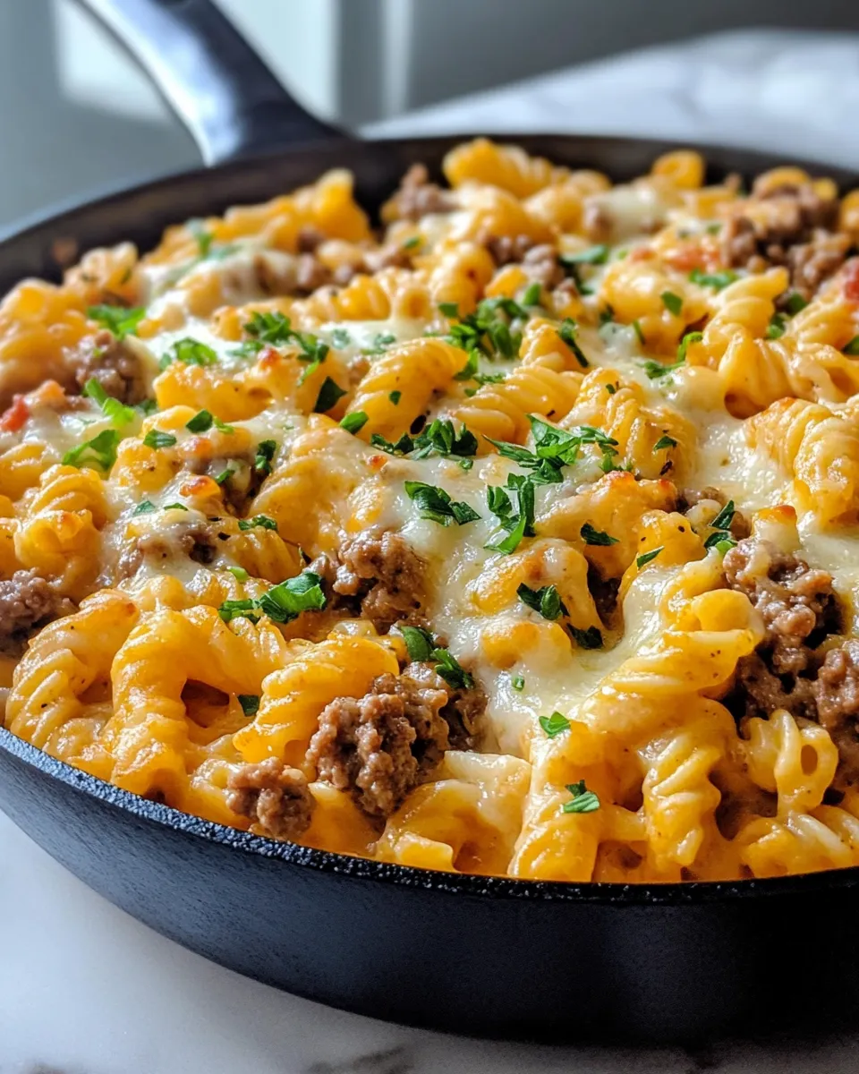 Homemade Cheeseburger Mac and Cheese Skillet food shot