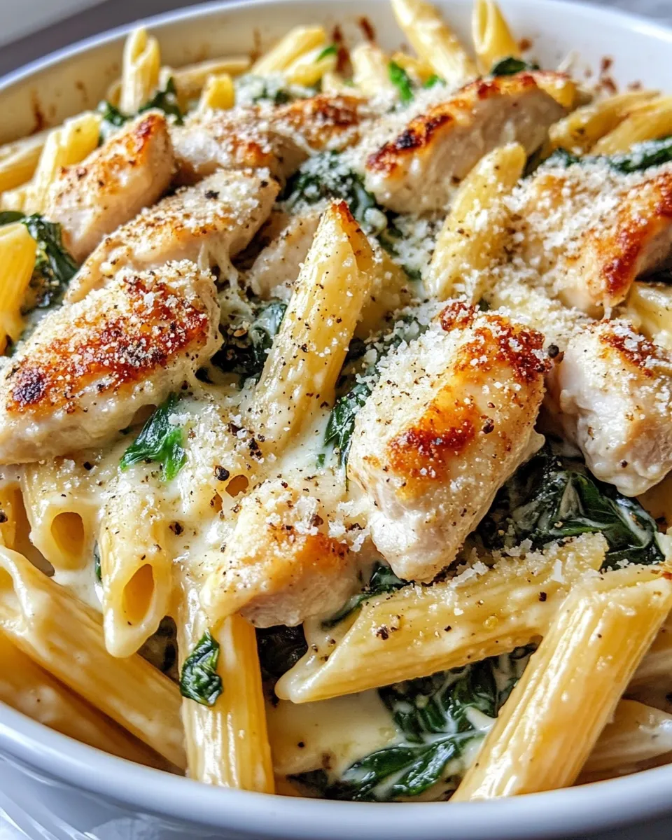 Easy Chicken Alfredo Baked Penne with Spinach food shot