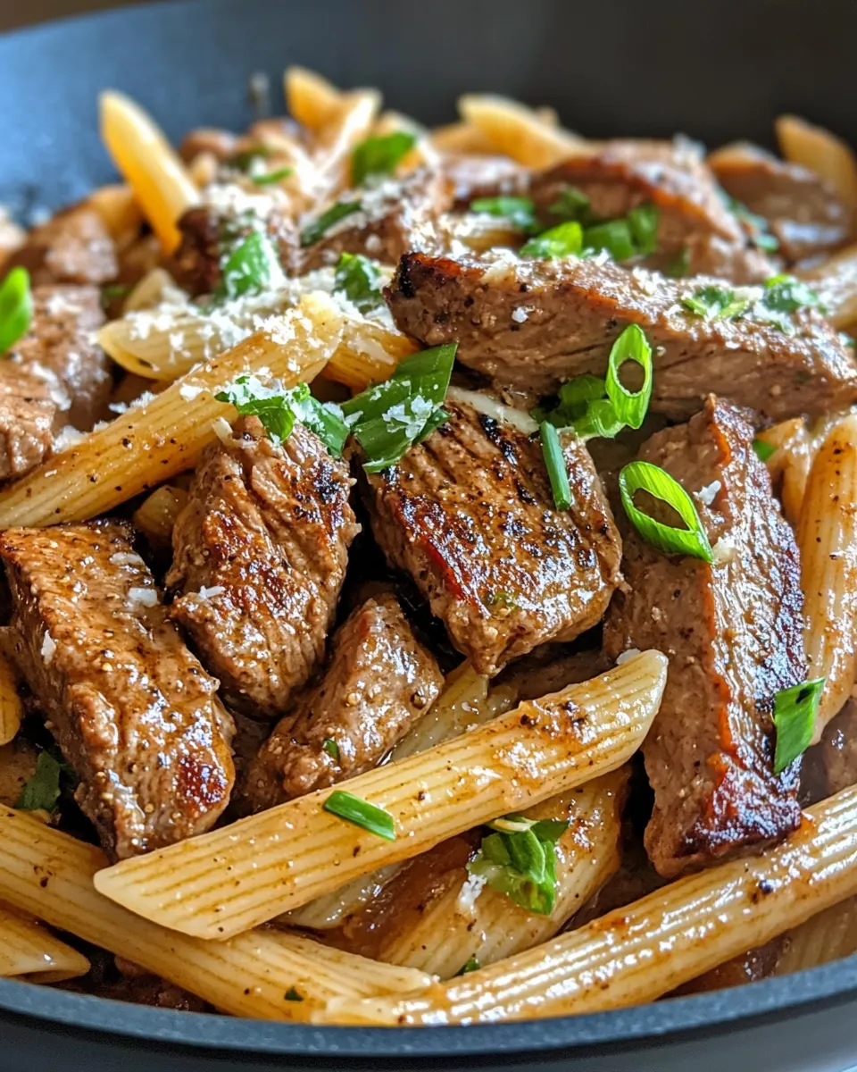 Easy Creamy Cajun Steak Tips with Penne food shot
