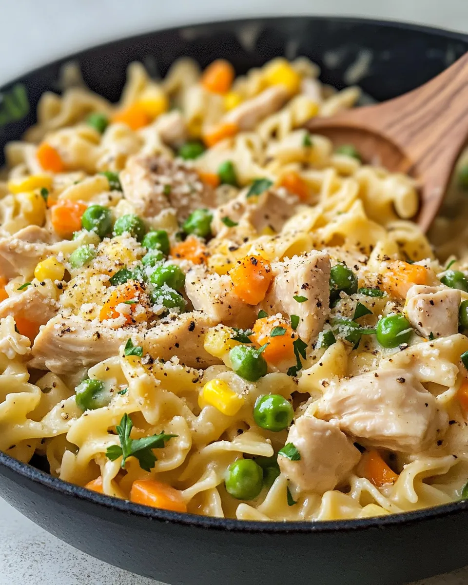Delicious Creamy Chicken Pot Pie Noodle Skillet food shot