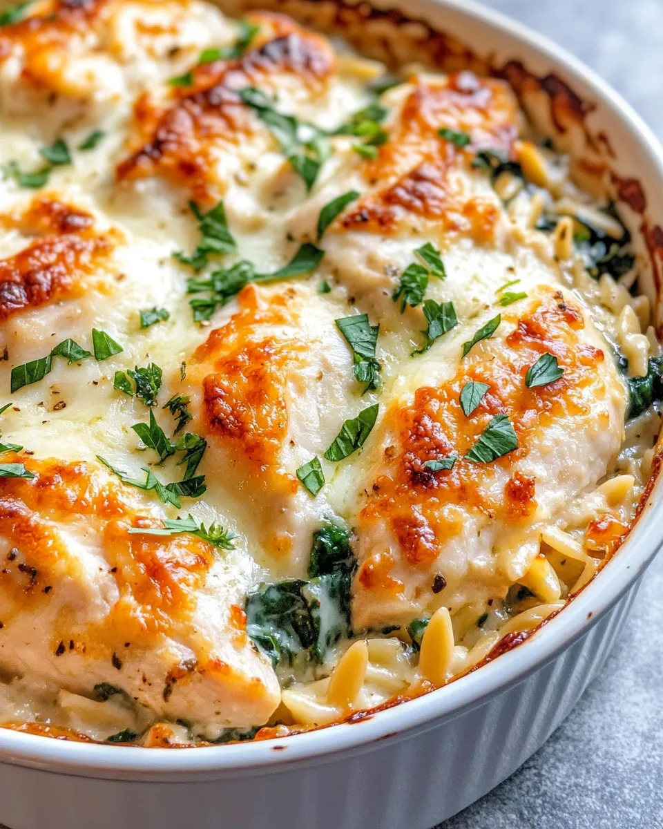 Classic Creamy Garlic Chicken Orzo Bake dish photo