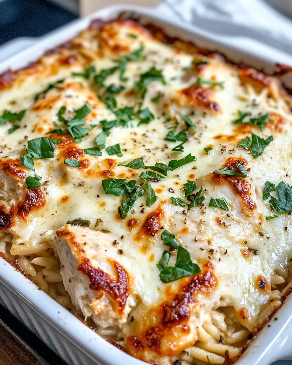 Easy Creamy Garlic Chicken Orzo Bake food shot