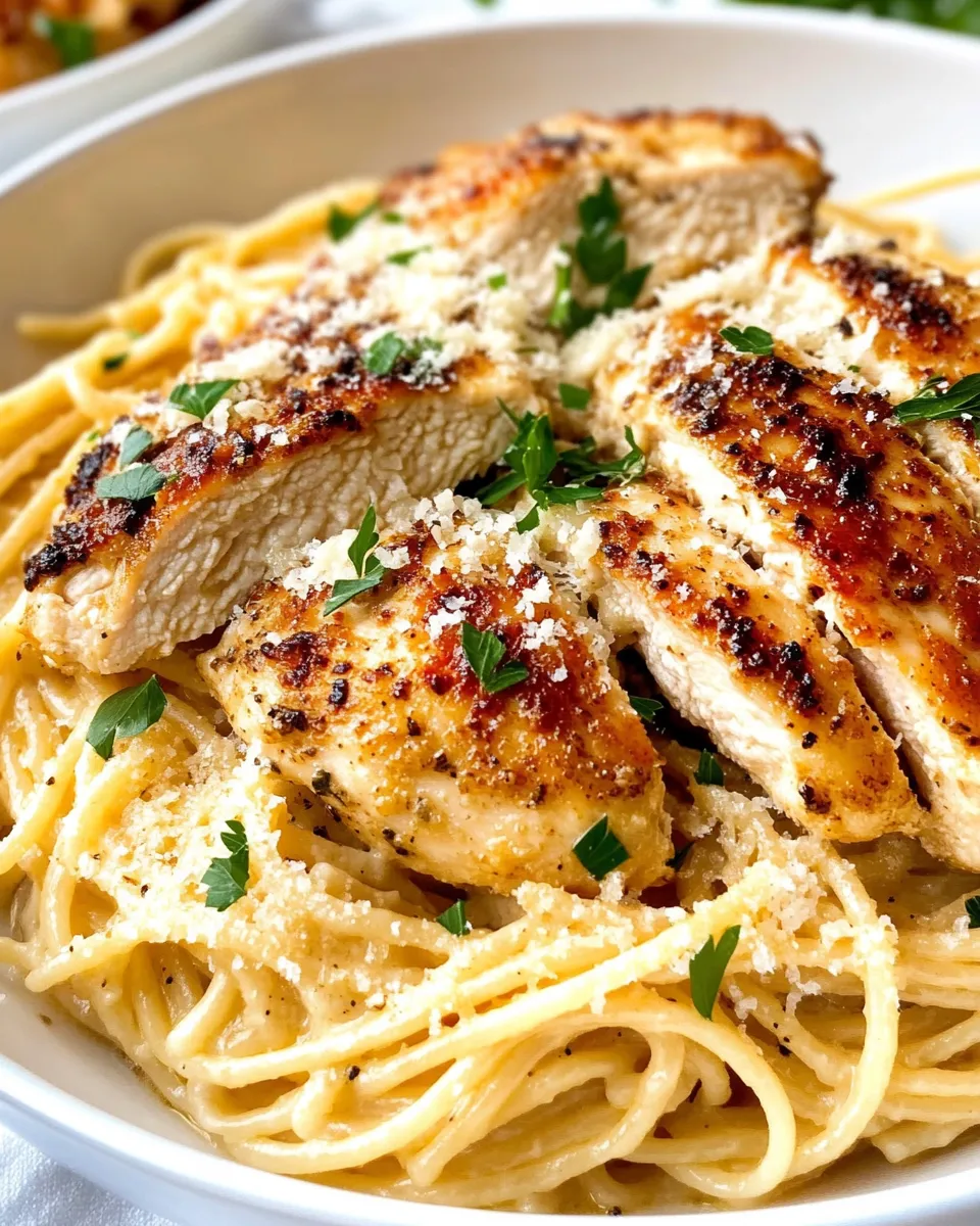 Easy Creamy Garlic Chicken Parmesan Spaghetti food shot