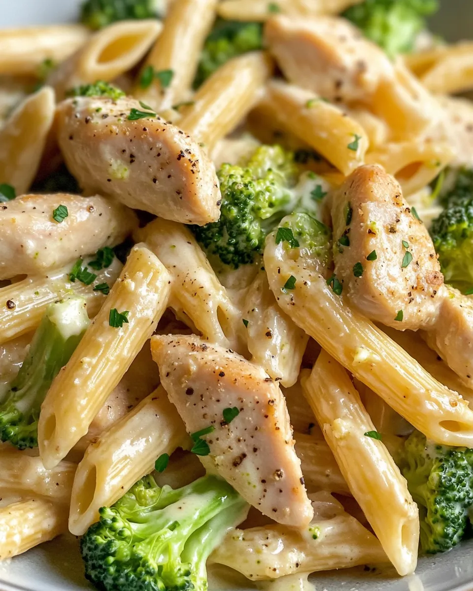 Easy Creamy Garlic Chicken and Broccoli Penne food shot
