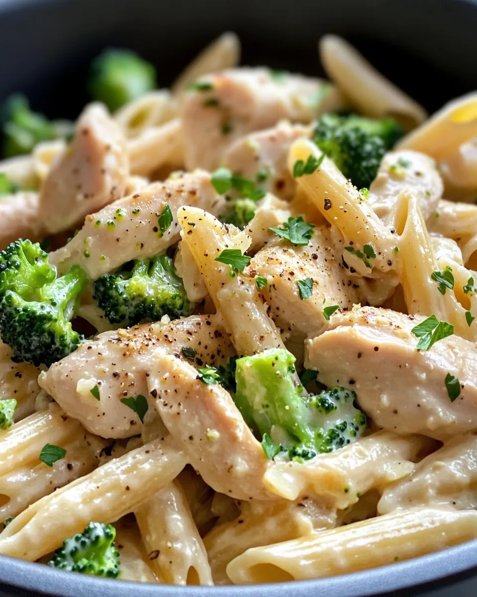 Delicious Creamy Garlic Chicken and Broccoli Penne plate image