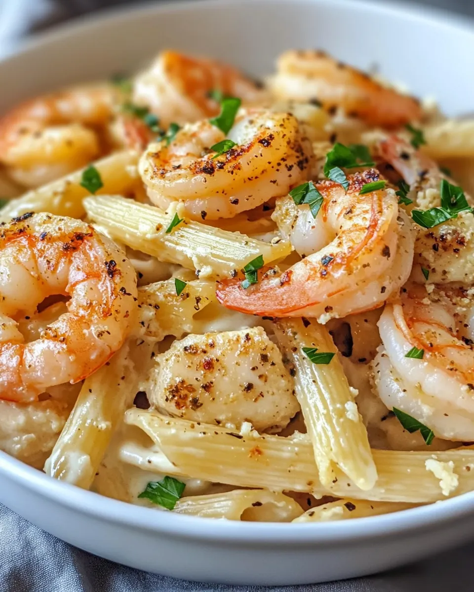 Delicious Creamy Garlic Shrimp and Chicken Penne recipe image