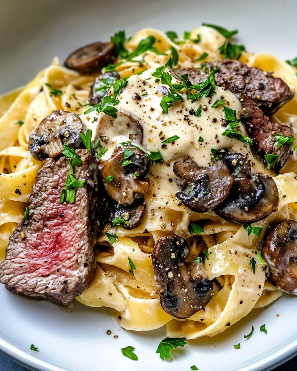Easy Creamy Mushroom Steak Pappardelle food shot