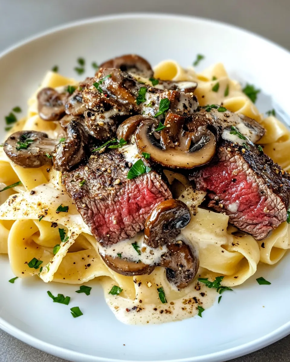Delicious Creamy Mushroom Steak Pappardelle plate image