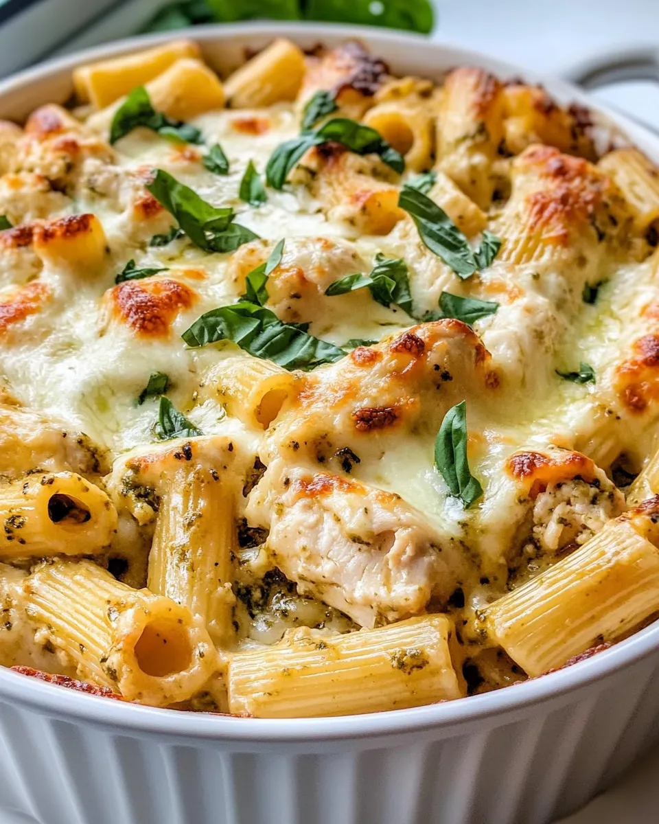 Easy Creamy Pesto Chicken Rigatoni Bake food shot