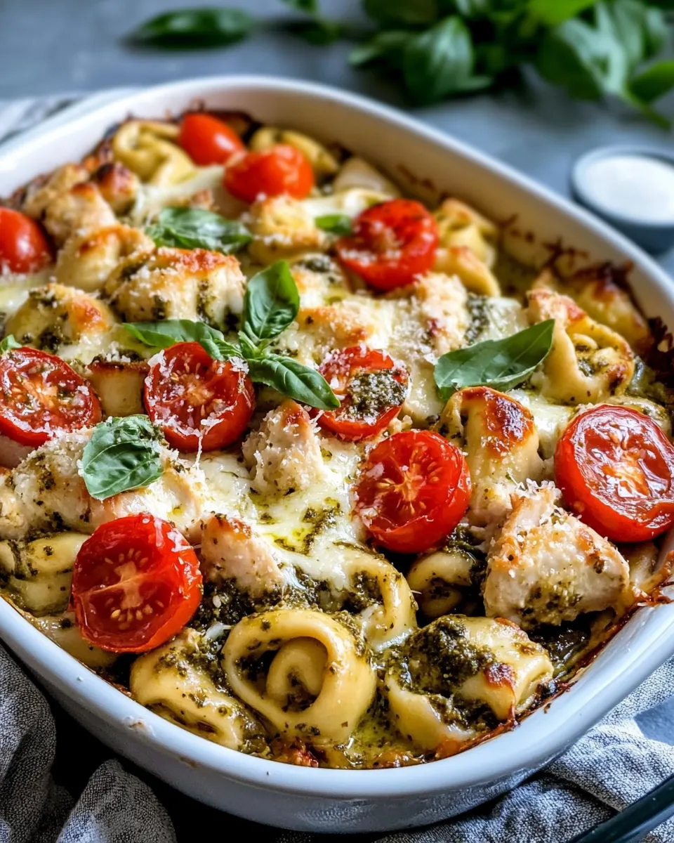 Easy Creamy Pesto Chicken Tortellini Bake recipe photo