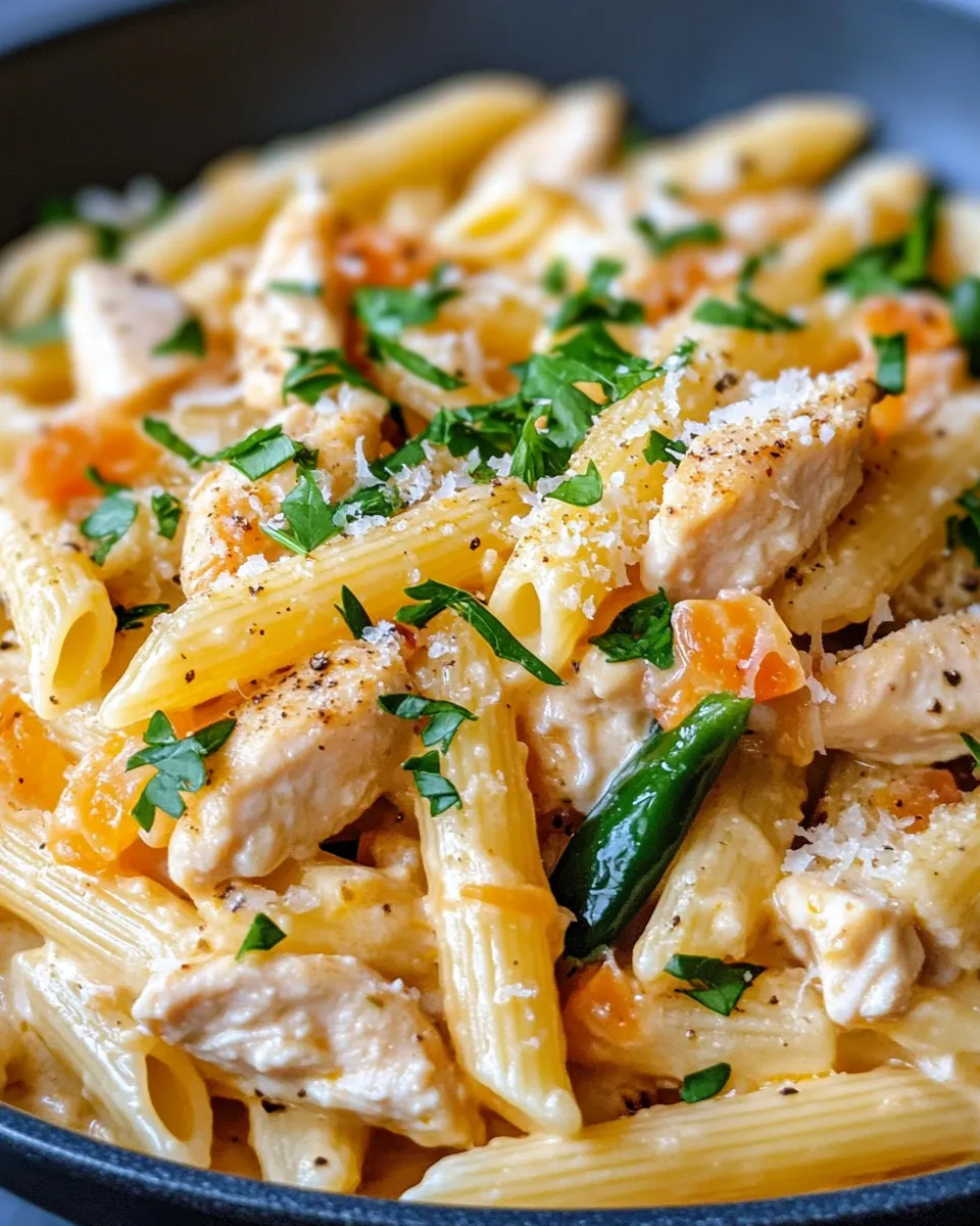 Homemade Creamy Poblano Chicken Penne food shot