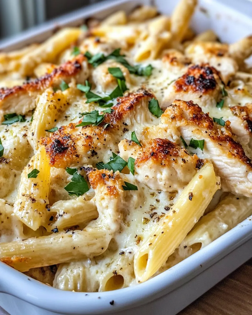 Easy Creamy Roasted Garlic Chicken Alfredo Bake food shot