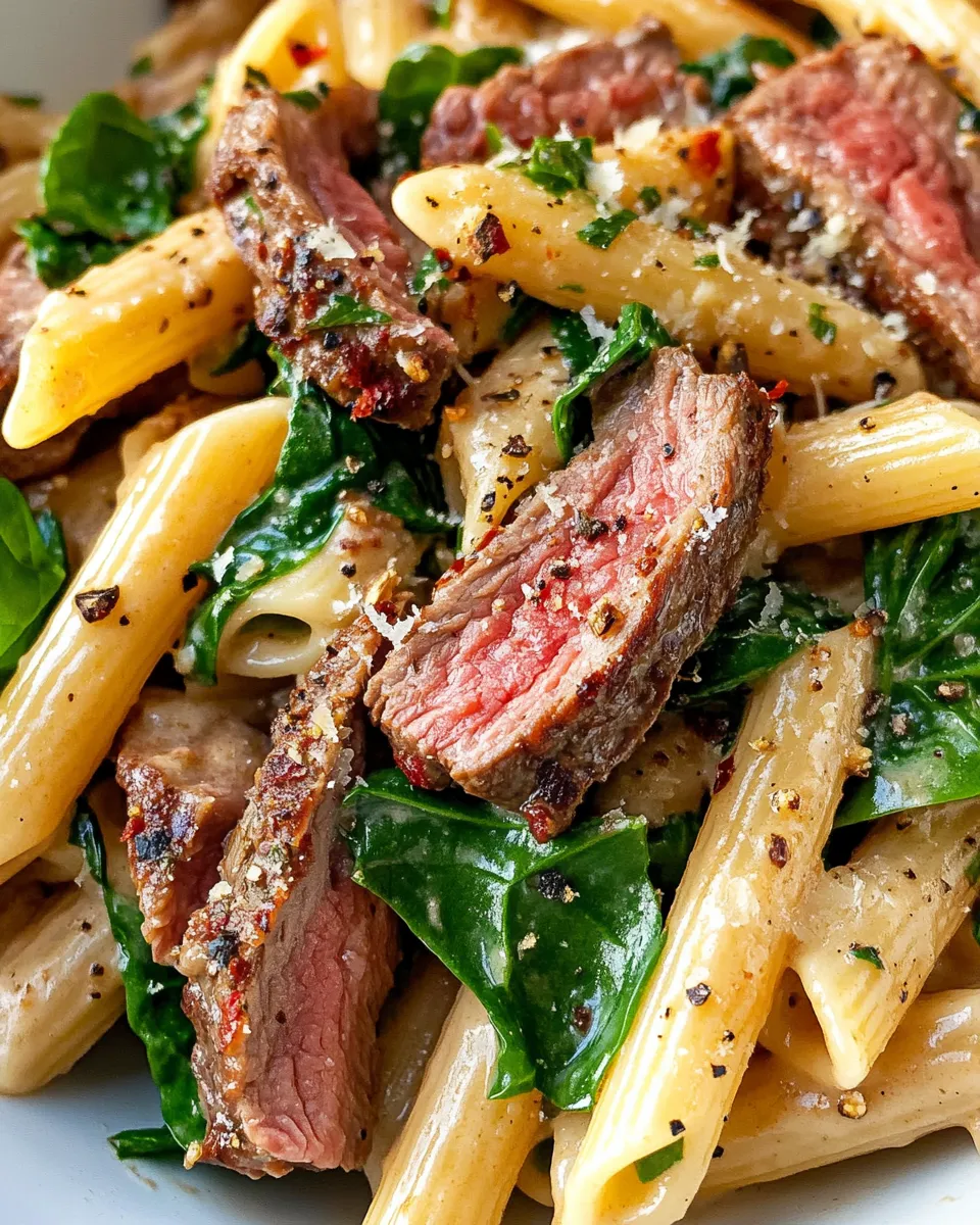Classic Creamy Tuscan Steak Penne with Spinach dish photo