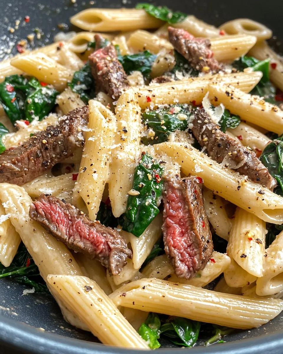 Easy Creamy Tuscan Steak Penne with Spinach food shot
