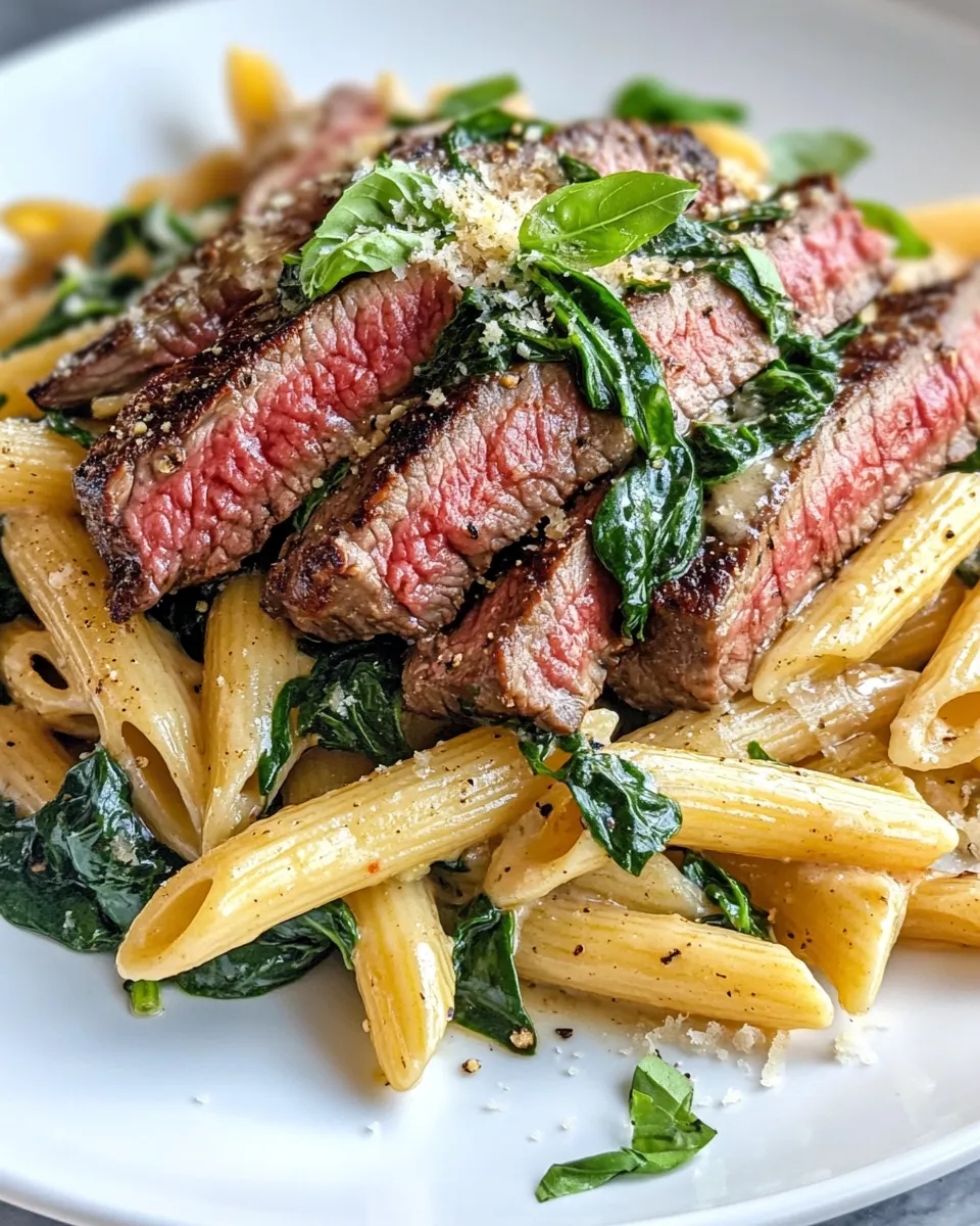 Delicious Creamy Tuscan Steak Penne with Spinach plate image