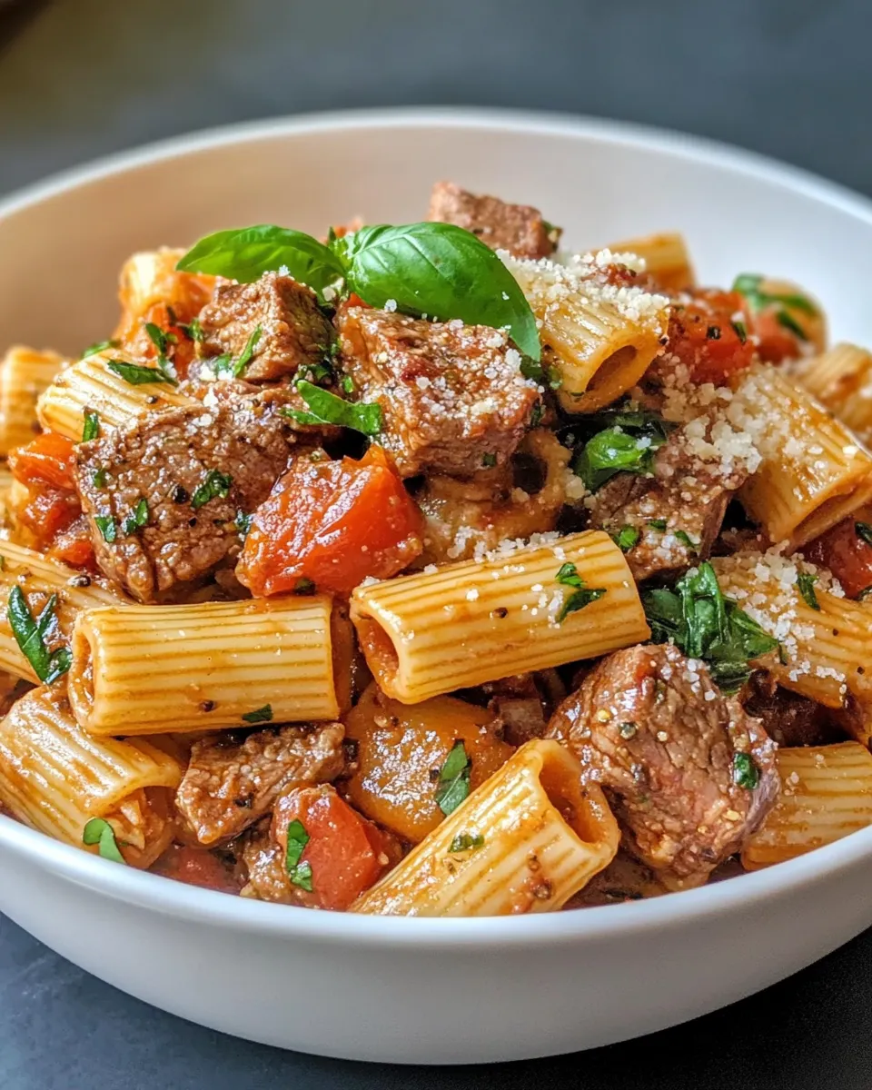 Easy Fire-Roasted Tomato Steak Rigatoni food shot