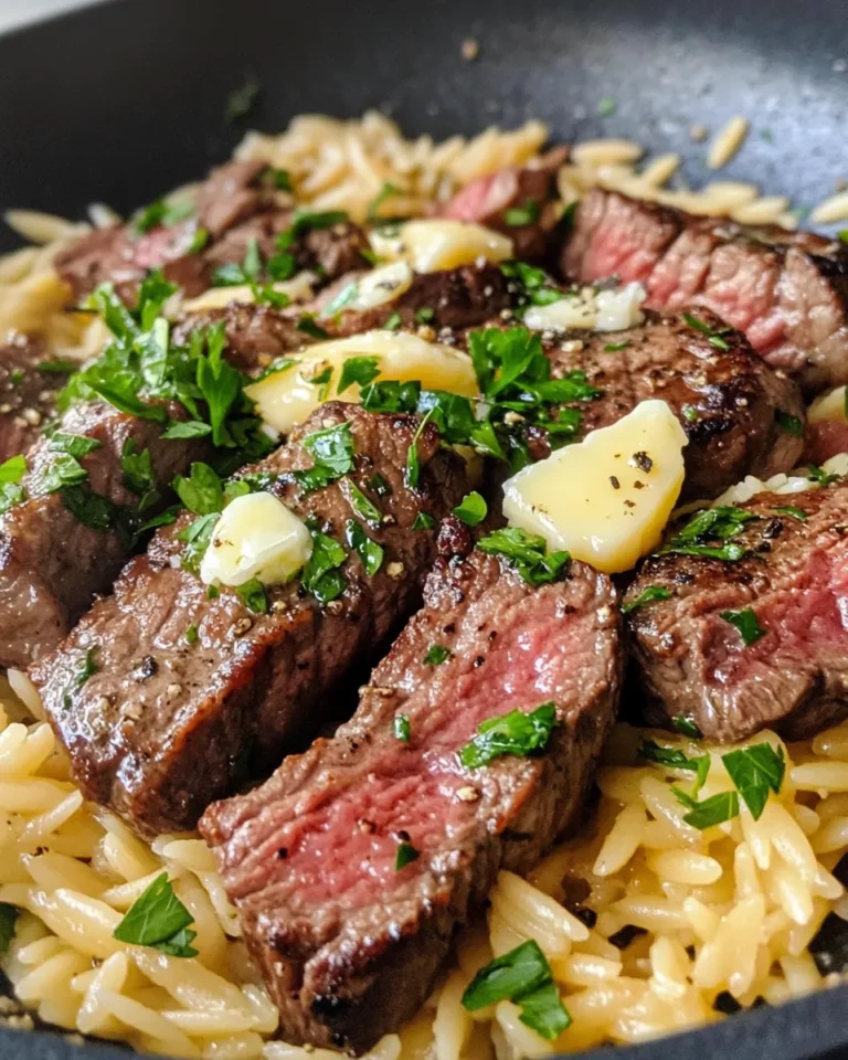 Homemade Garlic Butter Steak Bites over Cheesy Orzo photo