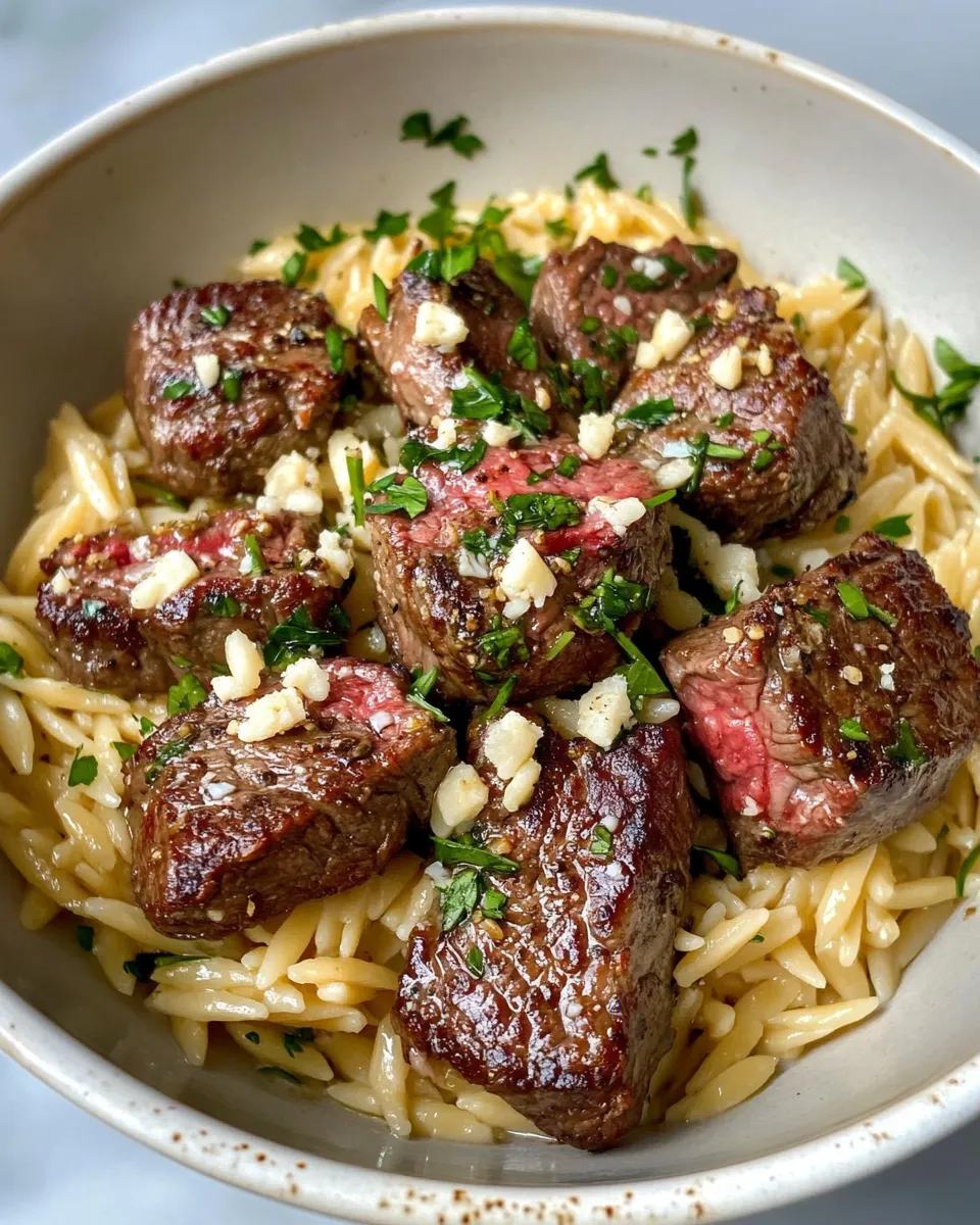 Classic Garlic Butter Steak Bites over Cheesy Orzo image