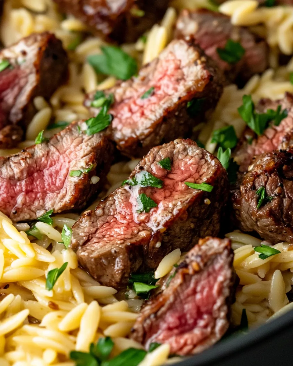 Easy Garlic Butter Steak Bites over Cheesy Orzo recipe image