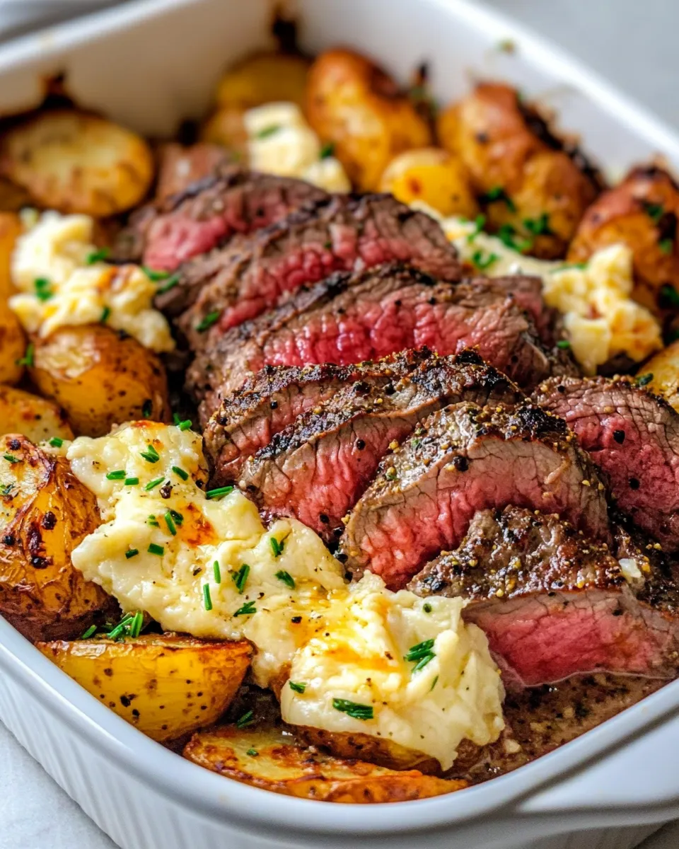 Homemade Garlic Butter Steak & Cheddar Potato Bake recipe photo
