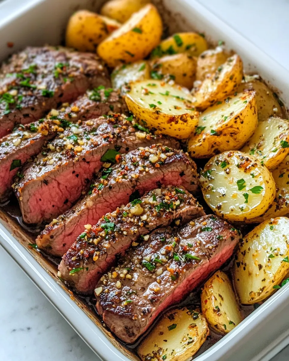 Easy Garlic Butter Steak & Cheddar Potato Bake food shot