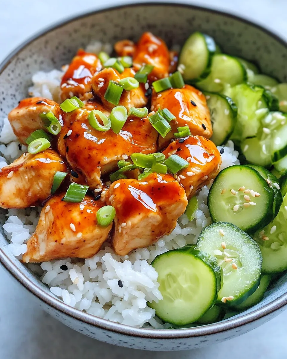 Classic Hot Honey Chicken Bowls with Rice & Cucumber dish photo